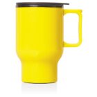 A bright yellow travel mug with a black lid and a sturdy handle, isolated on a white background. The mug has a simple, modern design.