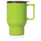 A bright green travel mug with a black lid and handle, designed to fit in a car cup holder. It is made of a smooth, glossy material and has a modern, minimalist design.