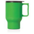 A bright green travel mug with a black lid and a flat handle on the right side. The mug has a wide upper section that slightly tapers toward the base, which is narrower. The lid is closed, and the mug is on a white background.