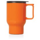 A bright orange travel mug with a black lid and a large handle is shown. The mug is cylindrical with a slightly tapered base. The lid has a small tab for opening or closing. The mug is placed against a plain white background.
