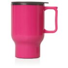A bright pink travel mug with a black lid and a large handle, placed on a white surface.