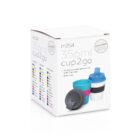 White cube-shaped packaging displaying a 356ml cup2go with a mix and match color system. Image shows three stacked cups in gray, teal, and pink with a screw-on plastic lid beside them. BPA free is highlighted on the box.