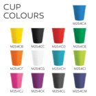 Twelve colorful cups labeled with codes: blue (M254CA), yellow (M254CB), black (M254CC), red (M254CD), green (M254CE), orange (M254CF), aqua (M254CG), white (M254CI), pink (M254CJ), purple (M254CK), charcoal (M254CL).