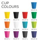 Image showing twelve colored cups arranged in a grid. Each cup is labeled: Blue (MCUP-A), Yellow (MCUP-B), Black (MCUP-C), Red (MCUP-D), Green (MCUP-E), White (MCUP-F), Orange (MCUP-G), Cyan (MCUP-H), Lime (MCUP-I), Pink (MCUP-J), Purple (MCUP-K), Grey (MCUP-L), Maroon (MCUP-M). Text reads CUP COLOURS.