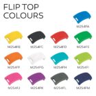 A set of 12 flip-top lids in different colors, labeled M254FA to M254FL. Colors include yellow, black, red, green, orange, white, dark green, lime green, pink, purple, dark gray, and blue. The text reads FLIP TOP COLOURS.