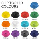 Image showing twelve flip top lids in different colors labeled M254LA to M254LL. Colors include blue, yellow, black, red, white, teal, green, pink, purple, grey, and navy blue. Text at the top reads FLIP TOP LID COLOURS.