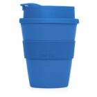 A blue reusable travel cup with a lid and a silicone grip band around the middle, labeled CUP 2 GO.