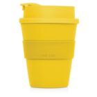 A bright yellow reusable coffee cup with a lid and a textured middle band. The band is labeled CUP 2 GO. The cup has a simple, sleek design and is placed against a white background.