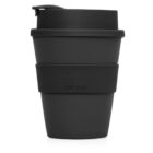 A black reusable travel coffee cup with a lid, featuring the words CUP 2 GO embossed on the side. The cup has a sleek, matte finish and a band around the middle for grip.