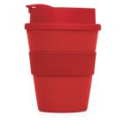 A bright red reusable travel coffee cup with a lid and silicone band. The cup has a simple, modern design and features the words CUP 2 GO embossed on the band.