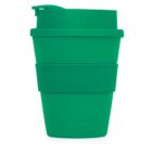A green reusable travel cup with a matching lid and a grip band around the middle, featuring the text CUP 2 GO embossed on it. The cup is against a white background.