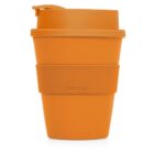 Orange reusable cup with a lid and removable sleeve. The sleeve features CUP 2 GO embossed on it.