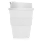 A white reusable cup with a lid, featuring CUP 2 GO embossed on one of the layers. The cup has a simple, modern design with a matte finish.