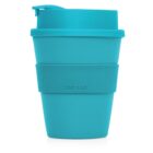 A turquoise reusable coffee cup with a lid and a rubber grip in the center, featuring the words CUP 2 GO. The cup is designed for portability and convenience.