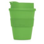A bright green, reusable travel cup with a lid and ribbed grip section. The words Cup 2 Go are embossed on the side.