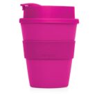 A bright pink reusable travel cup with a lid and a textured grip band, labeled CUP 2 GO, stands against a plain white background.
