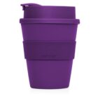 A purple reusable travel cup with a lid and a wide silicone band around the middle for grip. The words CUP 2 GO are embossed on the band.