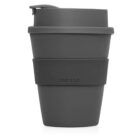 A sleek, dark gray reusable coffee cup with a lid is shown. It has a wide band labeled CUP 2 GO for easy grip. The cup has a simple, modern design, ideal for on-the-go use.