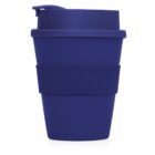 A blue reusable travel cup with a lid and a grip band around the center. The words Cup 2 Go are embossed on the band.