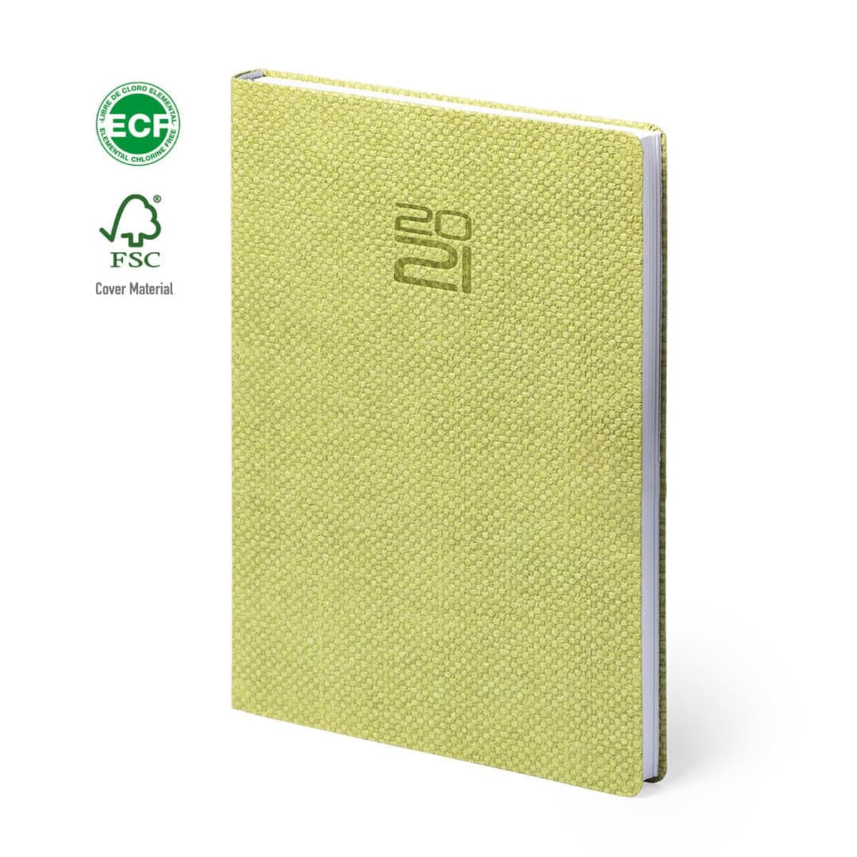 A 2021 planner with a textured green cover. It features embossed numbers 2021 on the front. The cover materials include ECF and FSC certifications, indicating environmentally friendly materials.