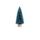 A small, cone-shaped, artificial Christmas tree with green needles and white snow-like accents on a wooden base, set against a plain white background.