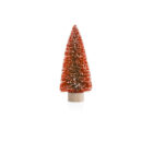 A small, red, conical Christmas tree with white speckles and a wooden base stands against a plain white background.
