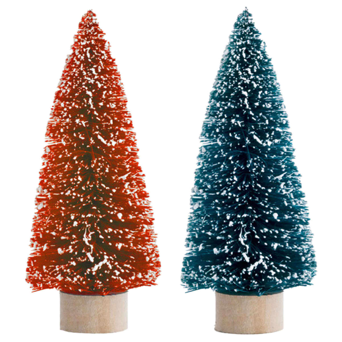 Two small bottle brush Christmas trees with wooden bases. The tree on the left is red with white tips, and the tree on the right is teal with white tips, resembling snow.