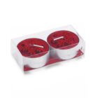 Two red tealight candles with glittery snowflake designs are packaged in a transparent plastic box.