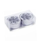 Two silver round tealight candles with glittery snowflake designs on top, packaged in a clear plastic box.