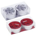 Two sets of tealight candles in clear boxes. The top box contains two silver candles with snowflake designs. The bottom box contains two red candles, also with snowflake designs.
