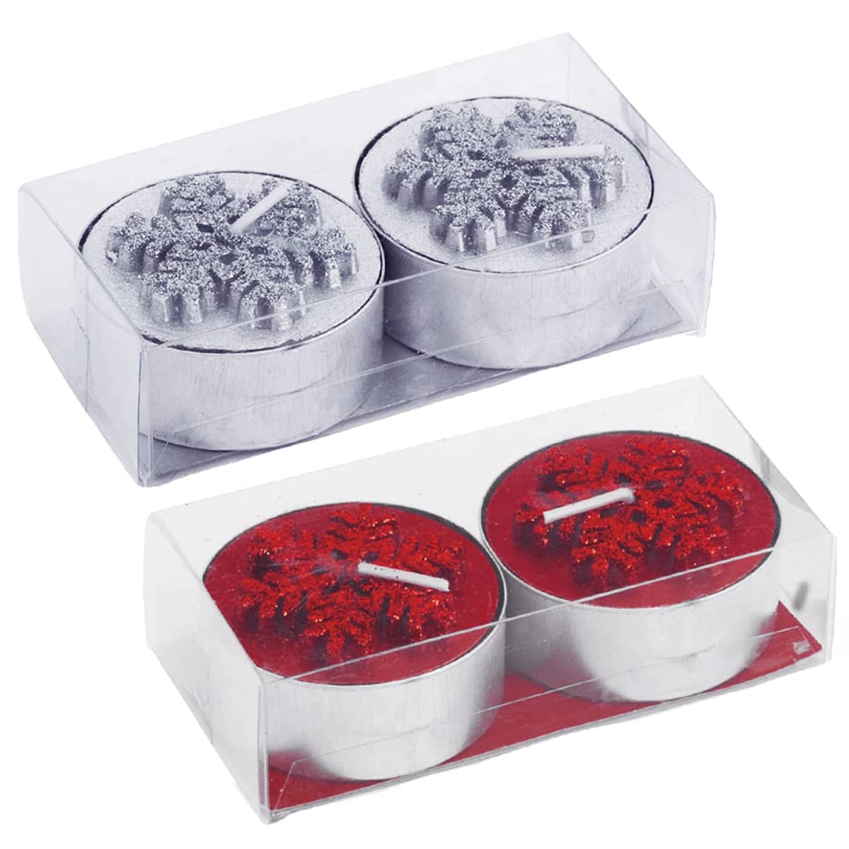 Two sets of tealight candles in clear boxes. The top box contains two silver candles with snowflake designs. The bottom box contains two red candles, also with snowflake designs.