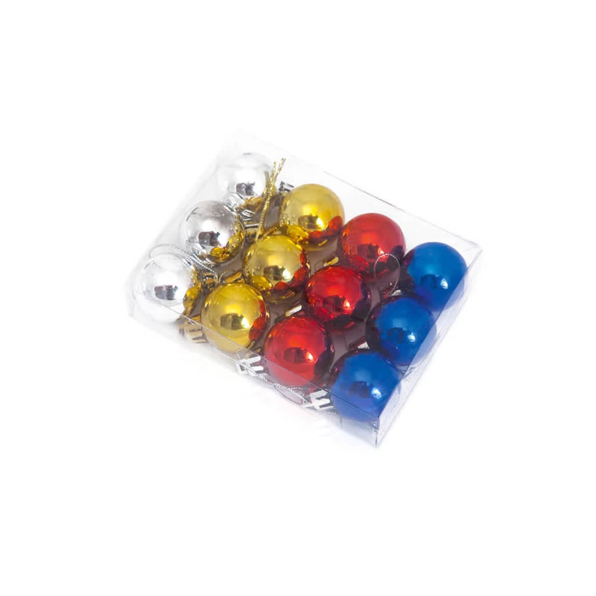 A transparent plastic box containing twelve Christmas ornaments. The ornaments are spherical and come in four colors: silver, gold, red, and blue, arranged in three rows of four.