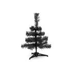 A small black artificial Christmas tree with a simple metal stand, featuring sparse branches. The tree is unadorned, standing against a plain white background.