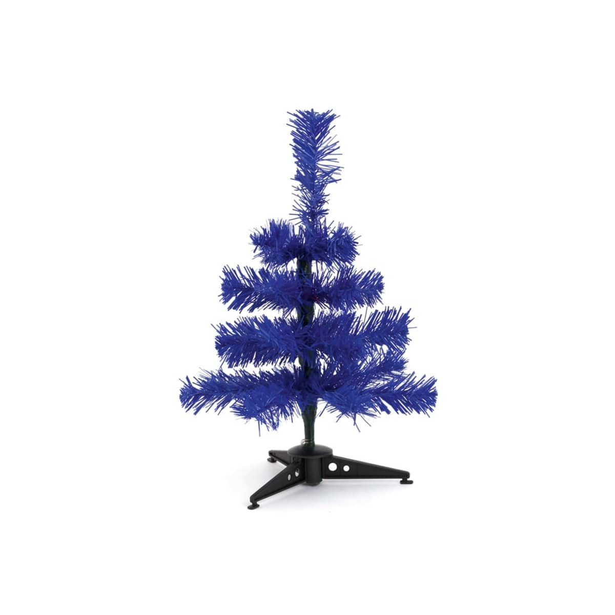 A small artificial Christmas tree with blue branches stands on a tripod base against a white background.