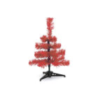 A small artificial Christmas tree with bright red branches stands on a black, three-legged base against a plain white background.