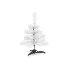 A small, white artificial Christmas tree with a black, three-legged stand. The tree has sparse branches and is unadorned, set against a plain white background.