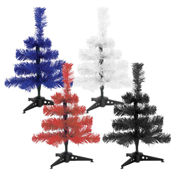 Four small artificial Christmas trees in blue, red, white, and black. Each tree has a simple, tiered design and rests on a black base.