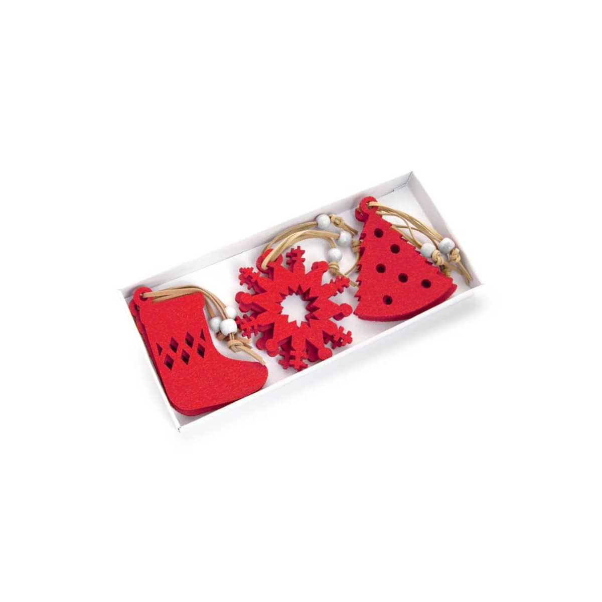 A white rectangular box contains three red felt Christmas ornaments: a stocking, a snowflake, and a tree. Each ornament has a beige string with small white beads for hanging.