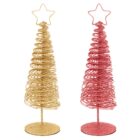 Two wire Christmas trees with star toppers: one gold and one red. Both have spiral designs and stand on round bases.