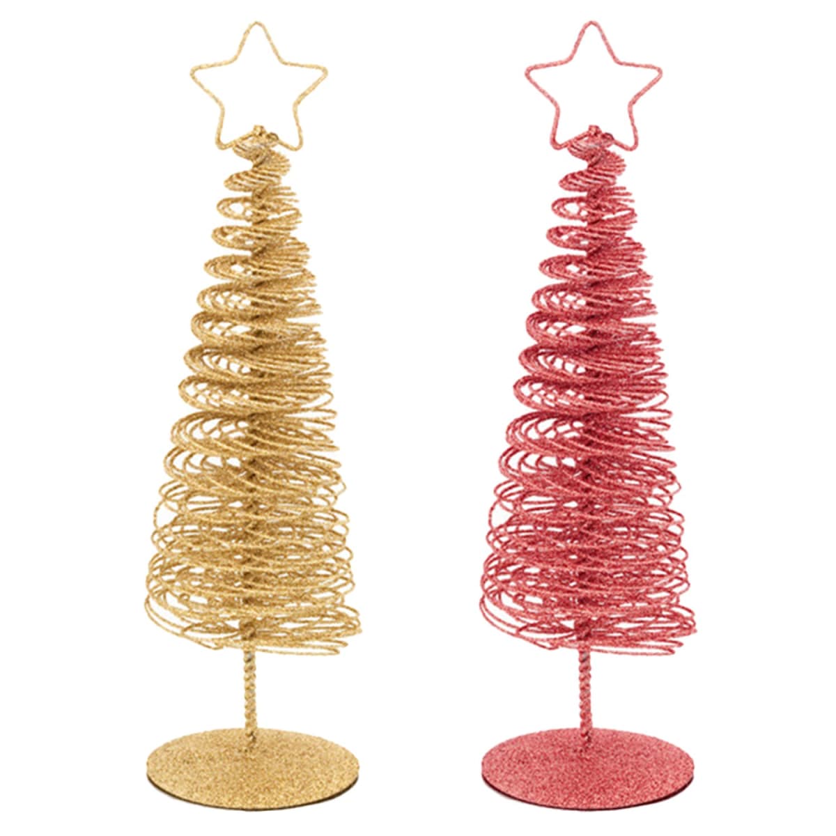 Two wire Christmas trees with star toppers: one gold and one red. Both have spiral designs and stand on round bases.