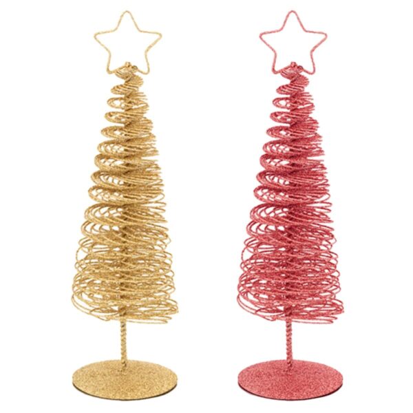 Two decorative spiral Christmas trees, one gold and one red, each topped with a star. Both trees are crafted with a coiled wire design and stand on circular bases.
