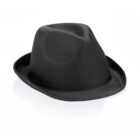 A black fedora hat with a textured pattern is shown against a plain white background. The hat features a creased crown and a soft, slightly curved brim.