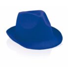 A bright blue fedora hat with a wide brim and creased crown, displayed against a plain white background.