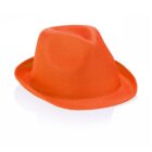 An orange fedora hat with a textured surface is placed against a white background. The hat has a classic design with a creased crown and a slightly upturned brim.