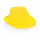 A bright yellow fedora hat with a creased crown and a short brim. The hat is positioned slightly tilted on a white background, casting a faint shadow.