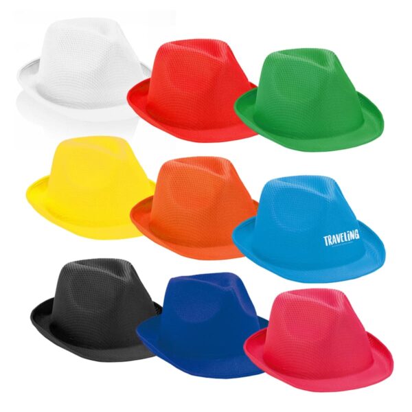 Nine colorful fedora hats, arranged in rows, with colors including white, red, green, yellow, orange, light blue, black, dark blue, and pink. The light blue hat has the word TRAVELING in white letters.