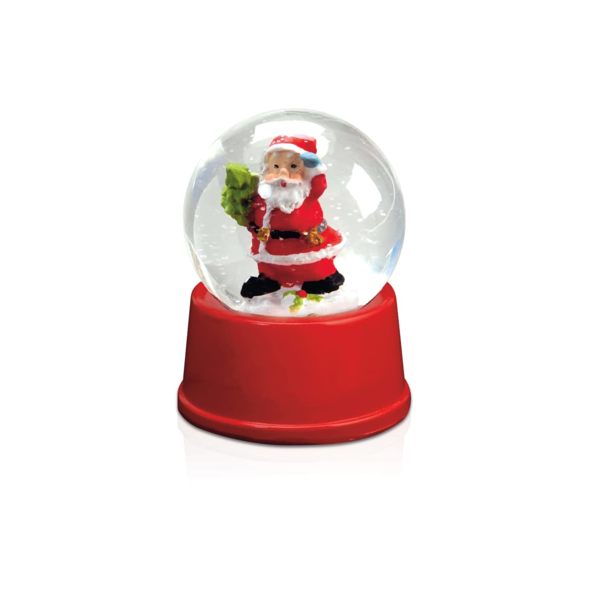 A snow globe featuring Santa Claus holding a green wreath, set on a red base. Santa wears his traditional red suit with black boots and belt. The globe contains white snowflakes.