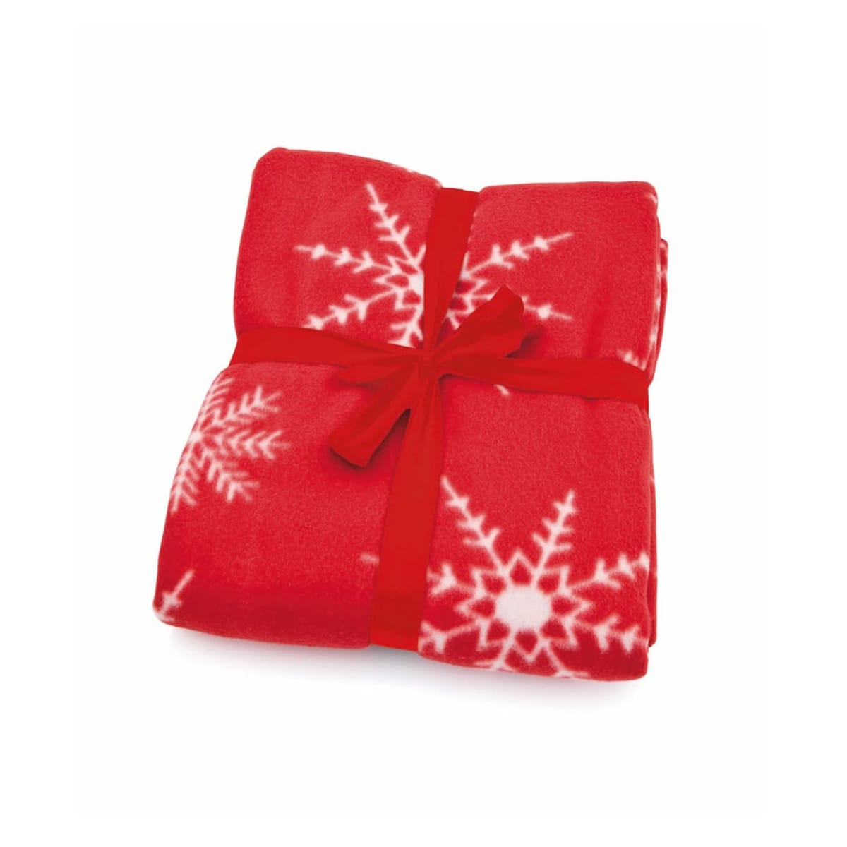 A red blanket with white snowflake patterns, neatly folded and tied with a red ribbon.