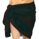 A person wearing a black sarong tied at the waist. The sarong has a wrap style, revealing a portion of the leg through an opening. The background is plain and unobtrusive.
