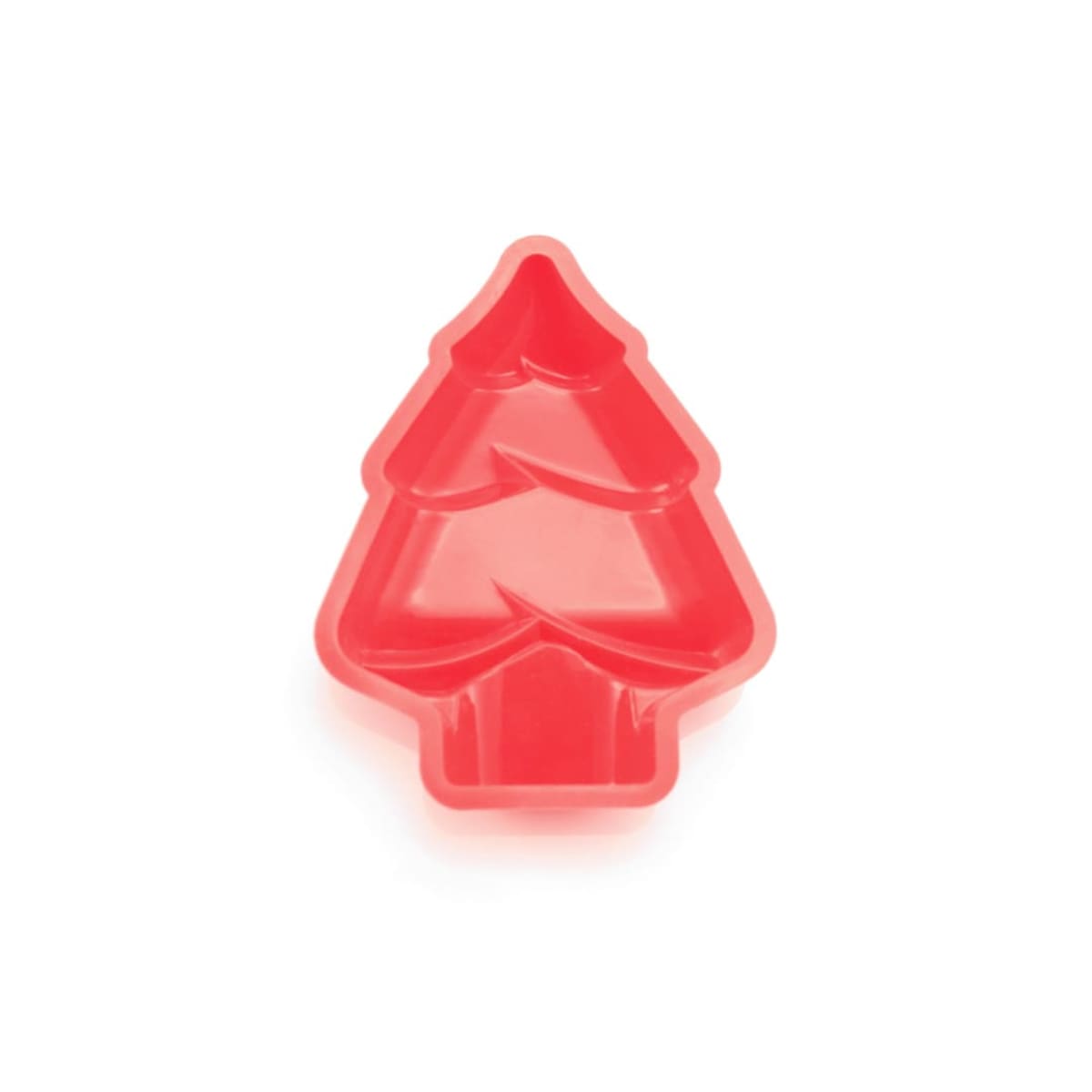 Red plastic mold shaped like a Christmas tree, viewed from above, against a plain white background.